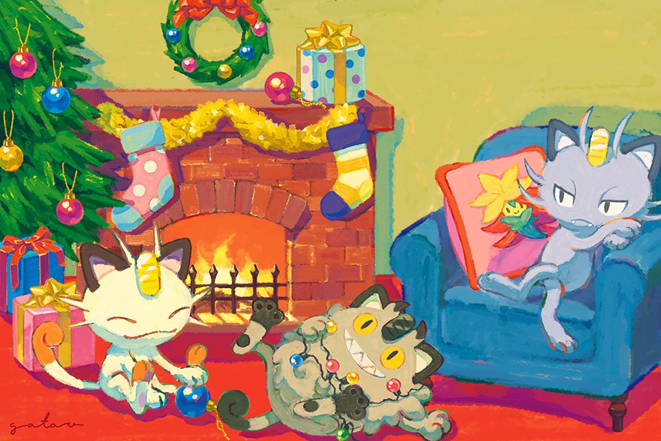 alolan_form, alolan_meowth, box, chair, character_print, christmas, christmas_lights, christmas_tree, closed_eyes, closed_mouth, commentary, cushion, fangs, fangs_out, fire, fireplace, galarian_form, galarian_meowth, gatao, gen_1_pokemon, gen_7_pokemon, gen_8_pokemon, gift, gift_box, gossifleur, indoors, meowth, nintendo, no_humans, pokemon, pokemon_(creature), signature, sitting, smile, untranslatable_commentary, teeth, wreath