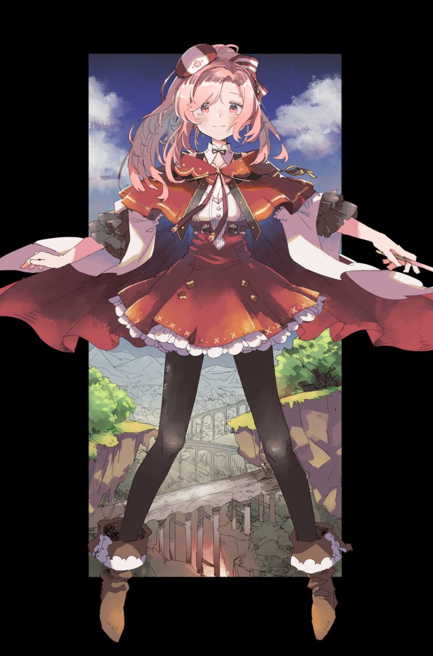 1girl, absurdres, belt, black_belt, breasts, bridge, brown_footwear, cleavage