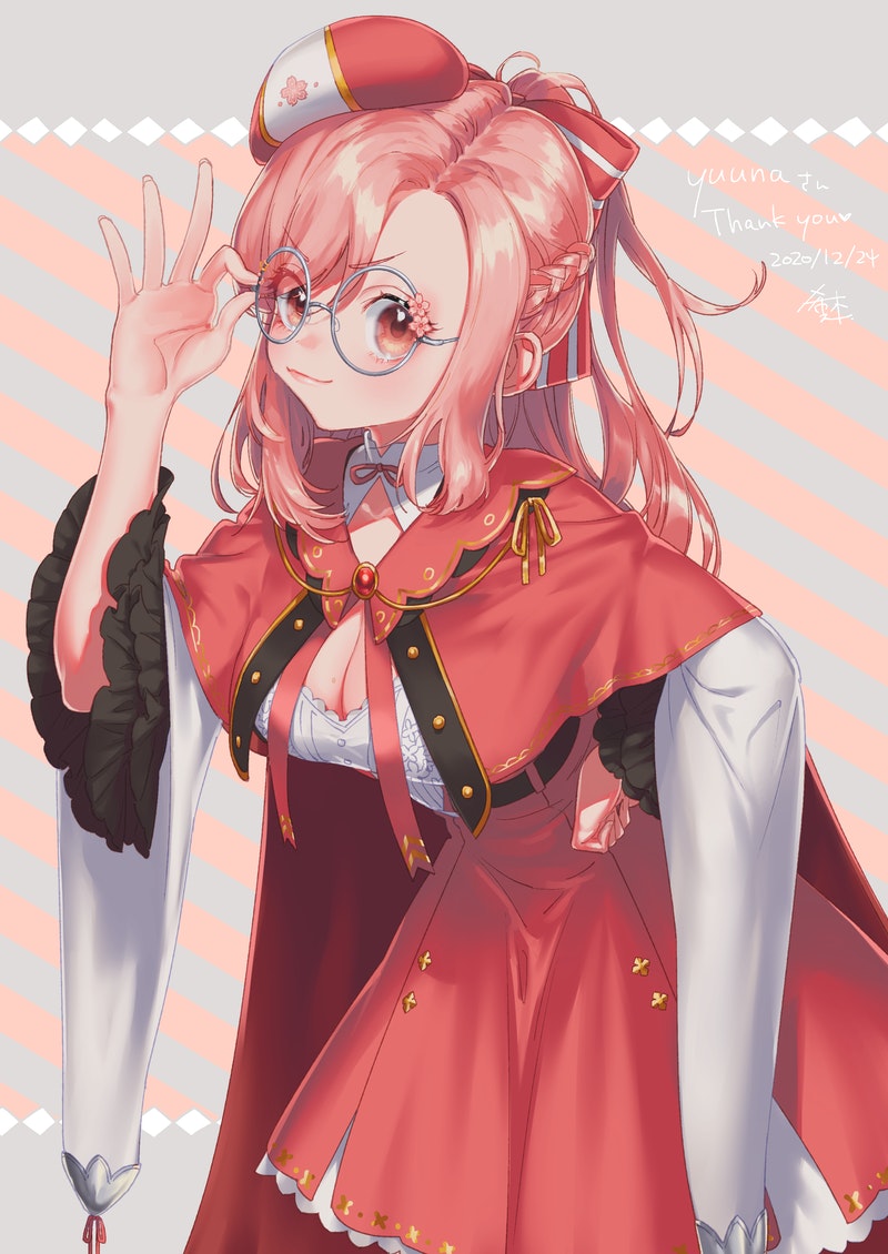 1girl, bespectacled, blush, bow, braid, breasts, cape, cleavage, cleavage_cutout, clothing_cutout, commission, unworn_eyewear, glasses, hair_bow, hat, high-waist_skirt, holding, holding_removed_eyewear, leaning_forward, medium_breasts, mole, mole_on_breast, nini_yuuna, nini_yuuna_(2nd_costume), nozomi_no_hon, pink_eyes, pink_hair, ponytail, red_bow, red_skirt, round_eyewear, short_ponytail, skeb_commission, skirt, smirk, smug, solo, tsunderia, v-shaped_eyebrows, virtual_youtuber, wide_sleeves