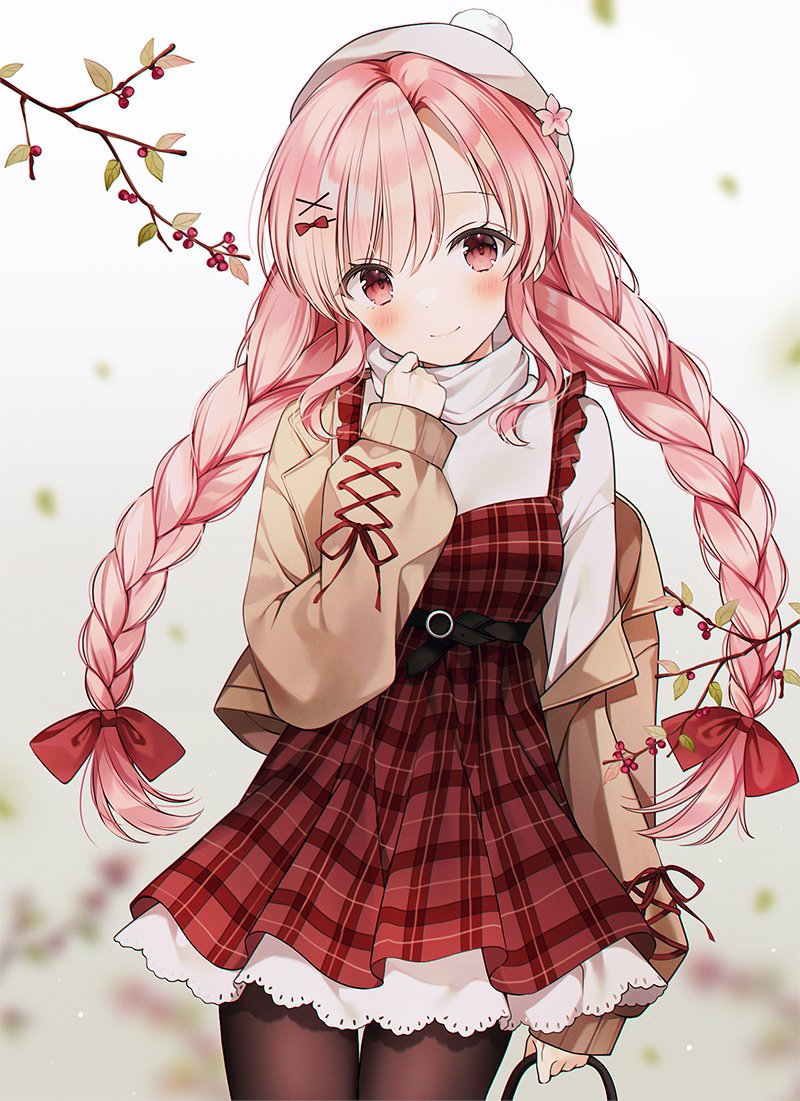 1girl, alternate_costume, alternate_hairstyle, bag, beige_jacket, blush, bow, braid, commentary, dress, english_commentary, flower, hair_bow, hair_flower, hair_ornament, hat, head_tilt, holding, holding_bag, holly, looking_at_viewer, nini_yuuna, nini_yuuna_(3rd_costume), off_shoulder, pantyhose, pink_eyes, pink_flower, pink_hair, plaid_clothes, plaid_dress, red_bow, second-party_source, smile, solo, sweater, tsunderia, turtleneck, twin_braids, virtual_youtuber, weri, white_hat, white_sweater
