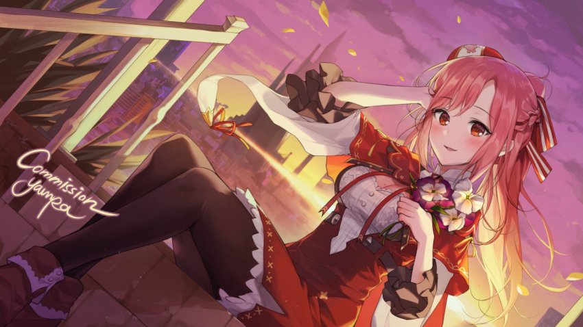 1girl, black_hat, blush, braid, breasts, brown_eyes, capelet, commission, crown_braid, hair_behind_ear, hand_in_own_hair, hat, leggings, looking_at_viewer, medium_breasts, mole, mole_on_breast, nini_yuuna, nini_yuuna_(2nd_costume), open_mouth, pink_eyes, pink_hair, red_hat, sitting, smile, solo, tsunderia, virtual_youtuber, yampa