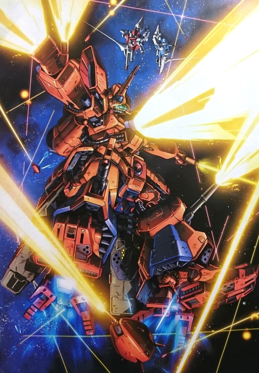 firing, floating, funnels_(gundam), geymalk, glowing, glowing_eye, gundam, highres