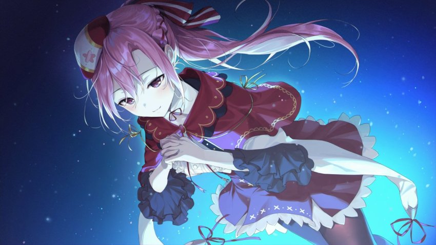 1girl, blush, braid, capelet, from_above, half_up_braid, hat, leggings, light_smile, long_hair, looking_to_the_side, nini_yuuna, nini_yuuna_(2nd_costume), own_hands_together, pantyhose, pink_eyes, pink_hair, red_skirt, skirt, smile, solo, tsunderia, virtual_youtuber, yampa