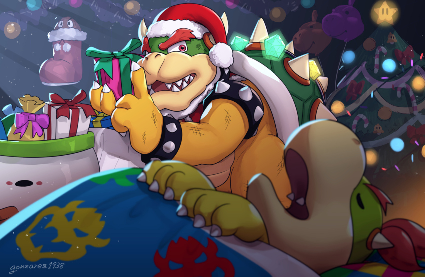 2boys, armlet, balloon, bowser, bowser_(santa), bowser_jr., candy, candy_cane, christmas, christmas_ornaments, christmas_tree, father_and_child, father_and_son, finger_to_mouth, food, gift, glowing, gonzarez, goomba, hat, jewelry, koopa_clown_car, male_focus, mario_(series), mario_kart, mario_kart_tour, multiple_boys, nintendo, parent_and_child, pom_pom_(clothes), santa_costume, santa_hat, shushing, sleeping, spiked_armlet, super_bell, super_star_(mario)