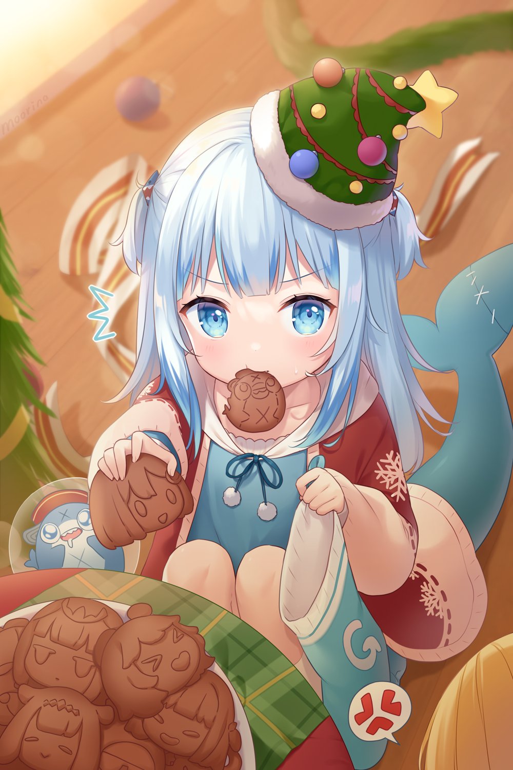 2girls, ^^^, anger_vein, blonde_hair, bloop_(gawr_gura), blue_eyes, blue_hair, blue_hoodie, blunt_bangs, blurry, blurry_background, bubba_(watson_amelia), bubble, character_cutout, character_request, check_character, christmas_tree, christmas_tree_hat, cookie, dutch_angle, eating, fins, fish_tail, food, food_in_mouth, from_above, gawr_gura, hair_ornament, hat, highres, holding, holding_cookie, holding_food, holding_sack, hololive, hololive_english, hood, hoodie, jacket, long_hair, looking_at_viewer, looking_up, mini_hat, moorina, mori_calliope, mouth_hold, multicolored_hair, multiple_girls, ninomae_ina'nis, red_jacket, sack, shark_hair_ornament, shark_tail, socks, solo_focus, spoken_anger_vein, squatting, star_(symbol), streaked_hair, tail, takanashi_kiara, takodachi_(ninomae_ina'nis), two_side_up, v-shaped_eyebrows, virtual_youtuber, watson_amelia, wooden_floor