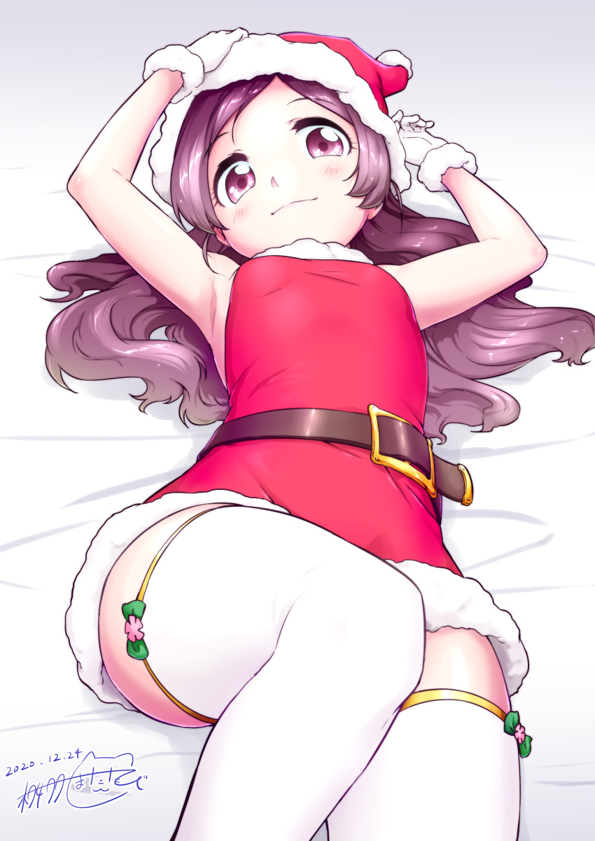 1girl, armpits, arms_up, bed_sheet, belt, bow, bow_legwear, check_commentary, christmas, commentary_request, dated, dress, foreshortening, fur_trim, gloves, green_bow, hair_down, hanasaki_tsubomi, hat, heartcatch_precure!, highres, knee_up, long_hair, looking_at_viewer, lying, matatabi_(karukan222), no_eyewear, on_back, pink_hair, precure, santa_costume, santa_hat, signature, sleeveless, sleeveless_dress, smile, solo, thighhighs, thighs, white_background, white_gloves, white_thighhighs, zettai_ryouiki