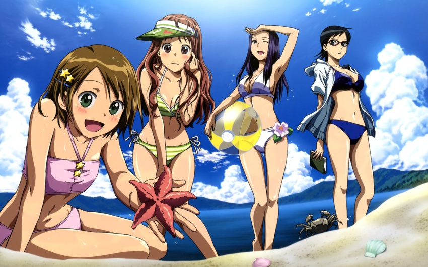 00s, 4girls, akeno_mihoshi, ball, beach, beachball, bikini, book