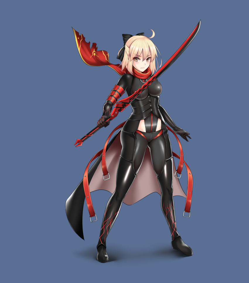 1girl, ahoge, black_boots, black_bow, black_gloves, blonde_hair, bodysuit, boots