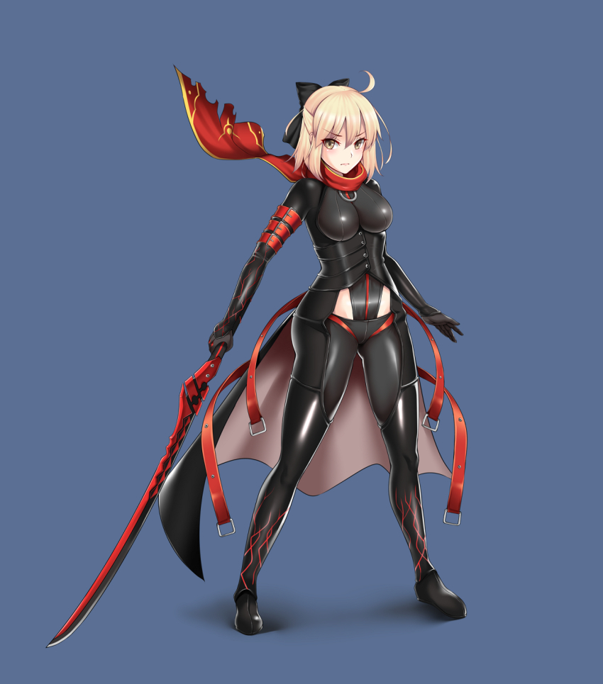 1girl, ahoge, black_boots, black_bow, black_gloves, blonde_hair, bodysuit, boots