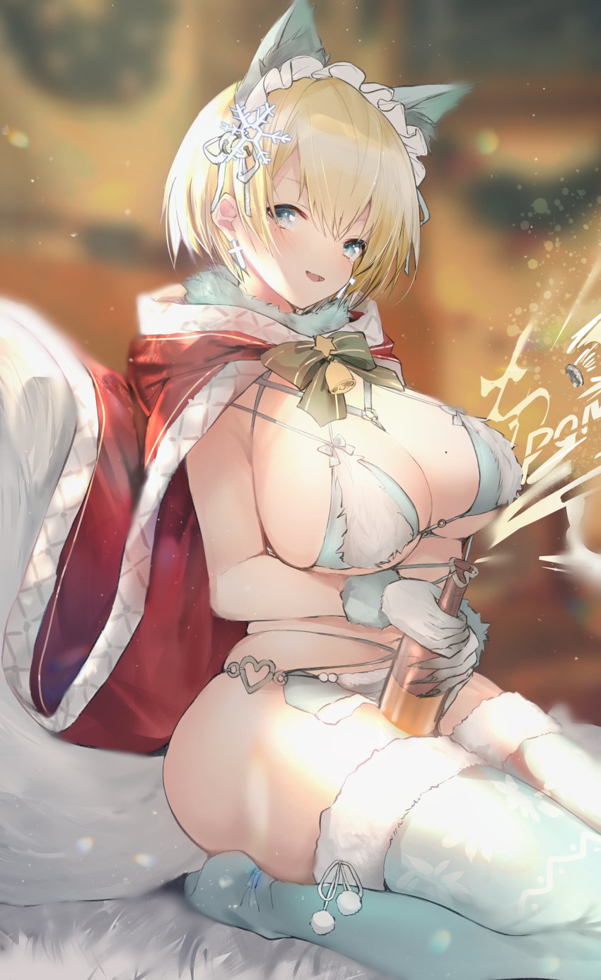 1girl, absurdres, alcohol, animal_ears, bell, bikini, blonde_hair, blue_bikini