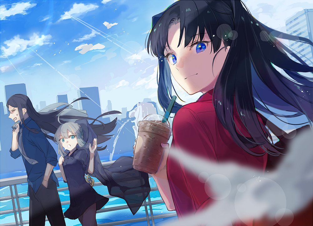 1boy, 2girls, black_hair, blue_eyes, coffee, fate/stay_night, fate_(series), gray_(fate)