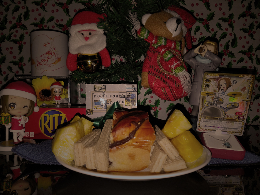 1girl, 2d_dating, ;d, blue_neckwear, box, bread, brown_hair, christmas