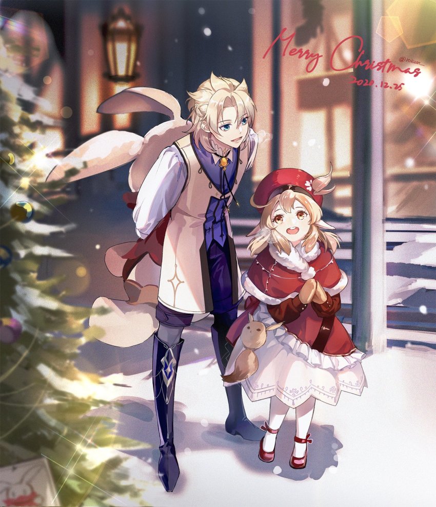 1boy, 1girl, albedo_(genshin_impact), artist_name, blonde_hair, blue_eyes, christmas, christmas_ornaments