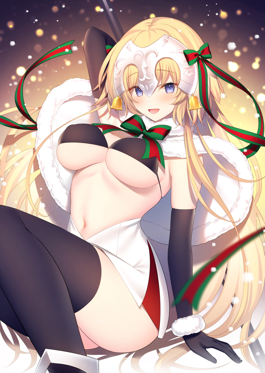 1girl, bell, black_gloves, black_thighhighs, blonde_hair, blue_eyes, blush, bow