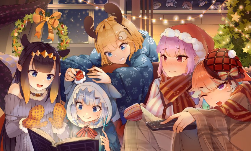5girls, absurdres, alternate_costume, barrier_mao, blush, book, christmas, christmas_lights