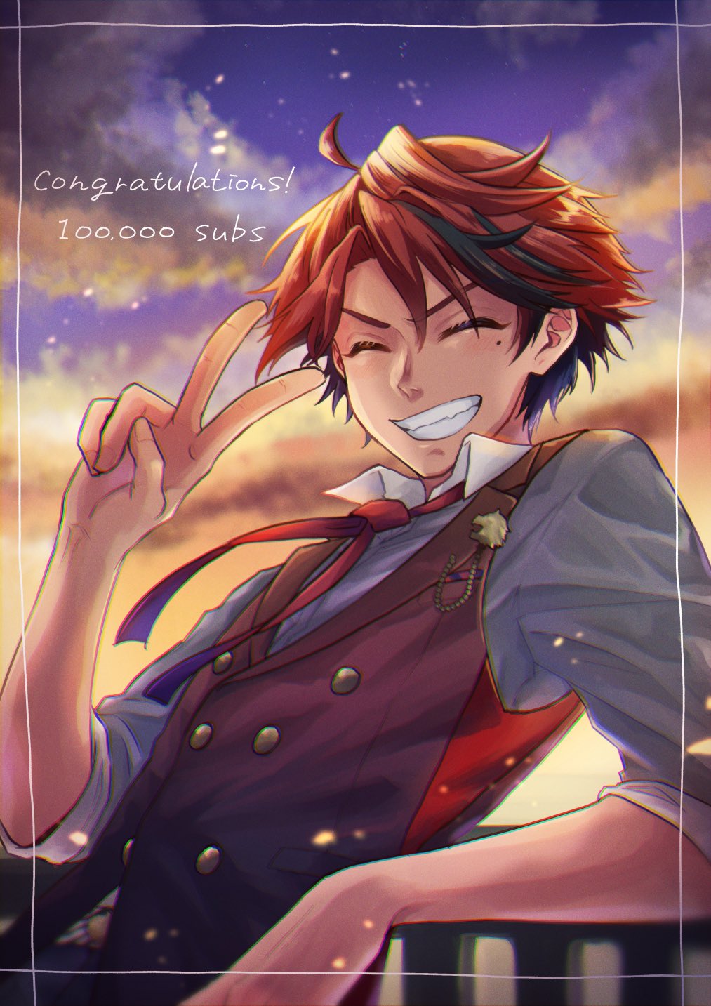 1boy, against_railing, ahoge, animal_print, belt, black_hair, black_pants, black_vest