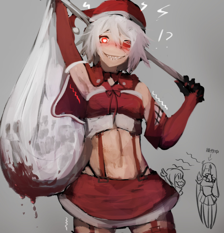 !?, 1girl, anderhorlo, bare_shoulders, blood, capelet, christmas, commentary_request