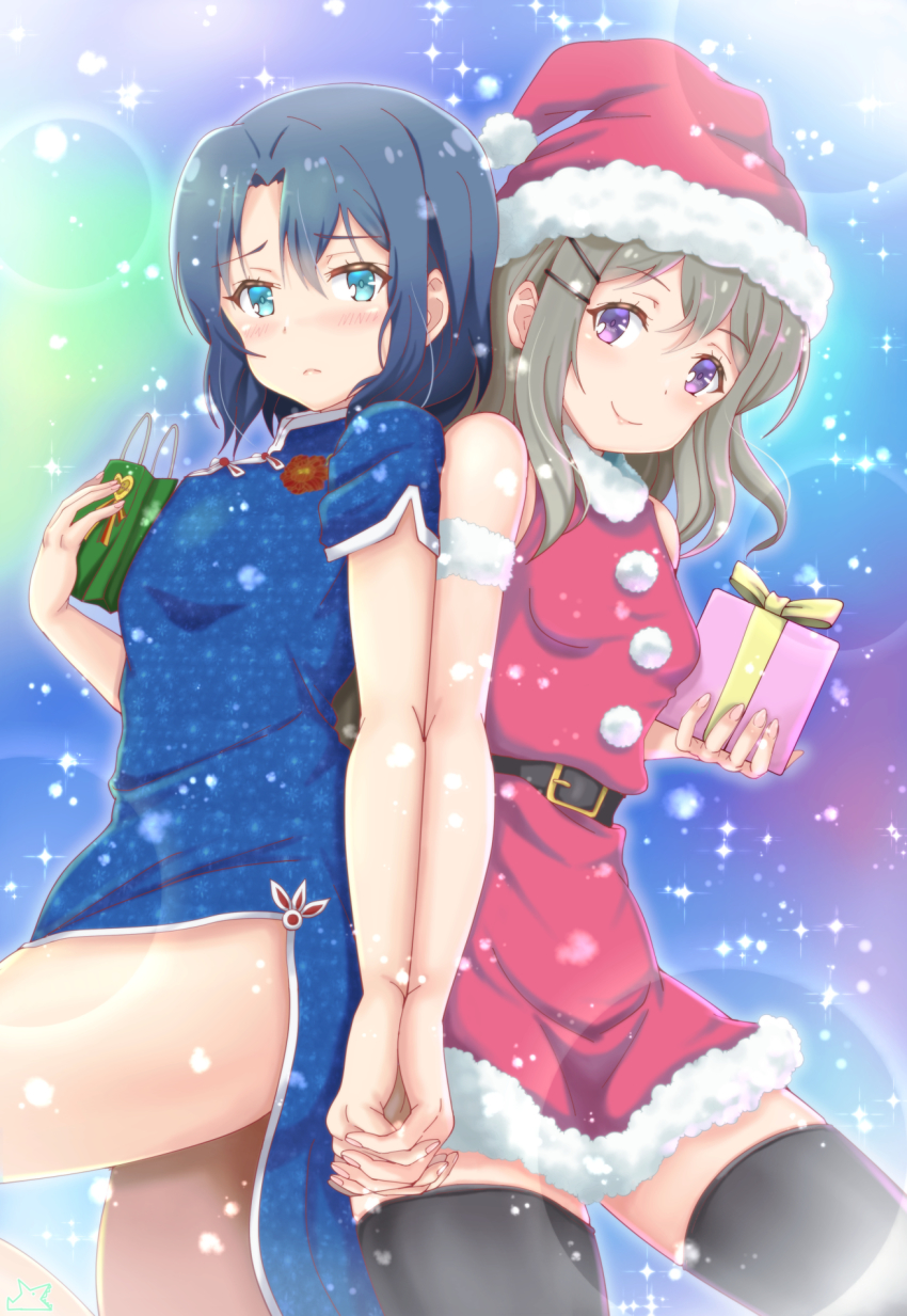 2girls, adachi_sakura, adachi_to_shimamura, bag, blue_eyes, blue_hair, blush, china_dress