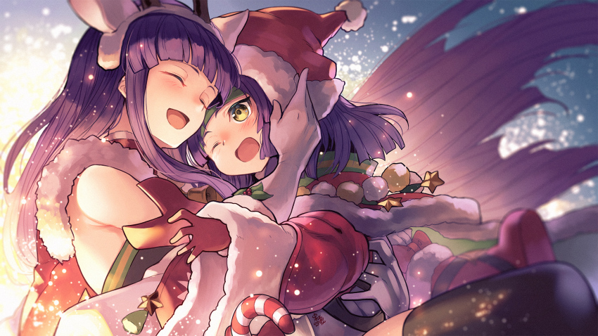 2girls, :d, :o, ^_^, altina_(fire_emblem), altina_(winter)_(fire_emblem), antlers, armpits