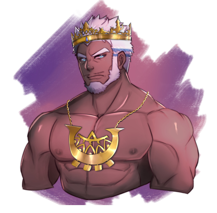 1boy, abs, absurdres, aegir_(housamo), aqua_hair, bara, beard, blue_eyes, cropped_torso, crown, dark-skinned_male, dark_skin, eros_(erosterone), facial_hair, frown, highres, huge_filesize, jewelry, large_pectorals, looking_at_viewer, male_focus, multicolored_hair, muscular, muscular_male, navel, nipples, pectorals, short_hair, simple_background, solo, streaked_hair, tokyo_houkago_summoners, white_hair
