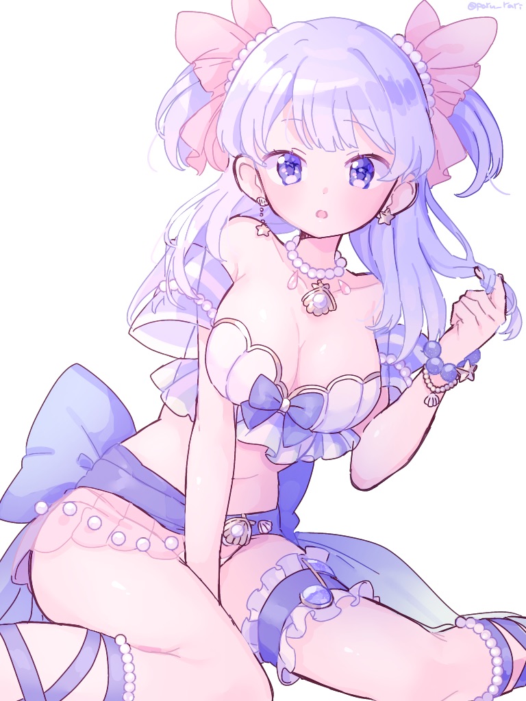 1girl, bare_shoulders, bikini, blue_eyes, blue_hair, blue_ribbon, bracelet, earrings