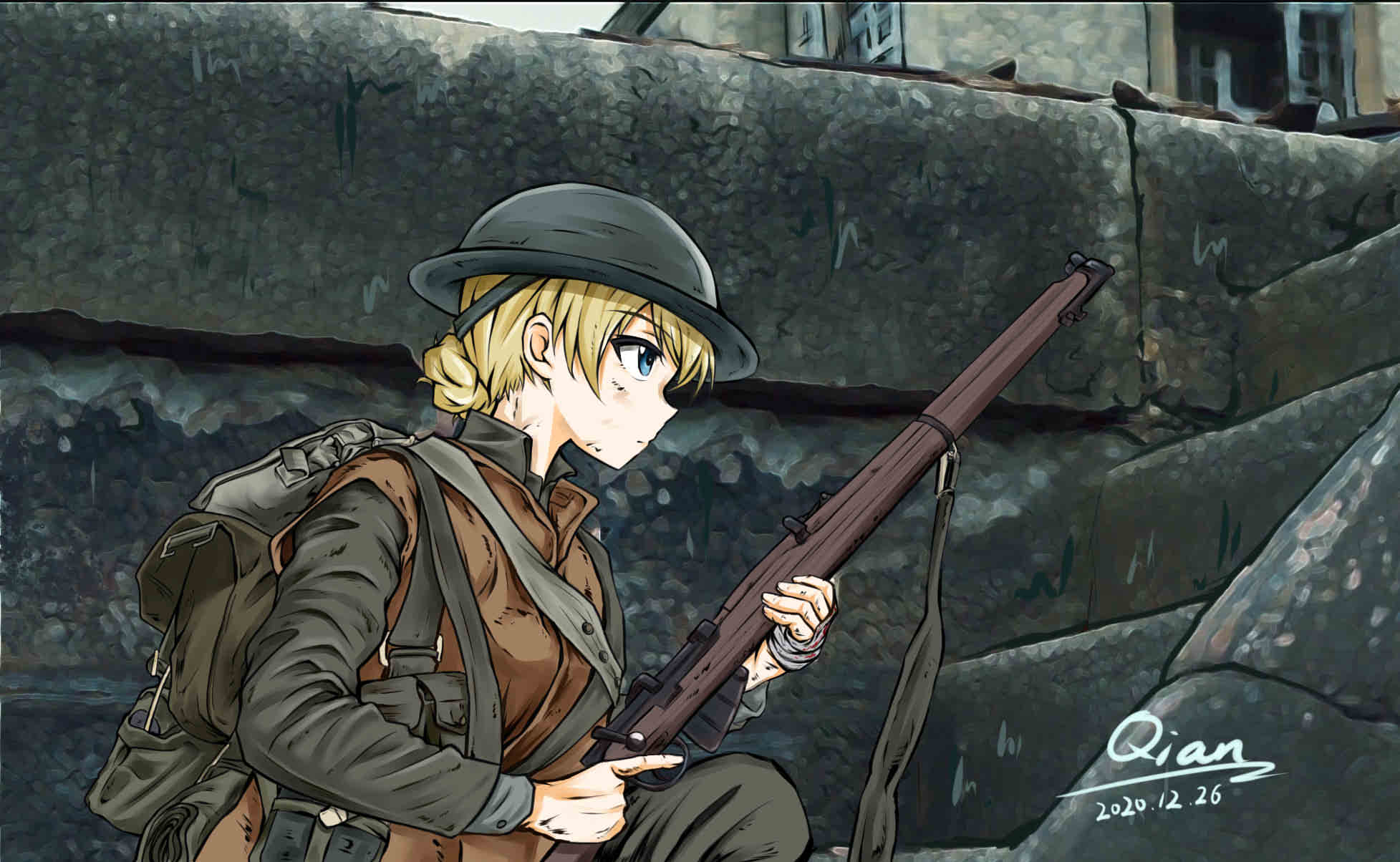 1917_(movie), 1girl, bandaged_hand, bandages, blonde_hair, blood, blue_eyes, bolt_action, braid, braided_bun, canteen, commentary, darjeeling_(girls_und_panzer), dated, girls_und_panzer, gun, gun_sling, hair_bun, helmet, highres, house, lee-enfield, load_bearing_equipment, military, military_uniform, on_one_knee, outdoors, profile, qian, rifle, serious, short_hair, signature, smle, soldier, solo, trigger_discipline, wall, war, weapon, world_war_i