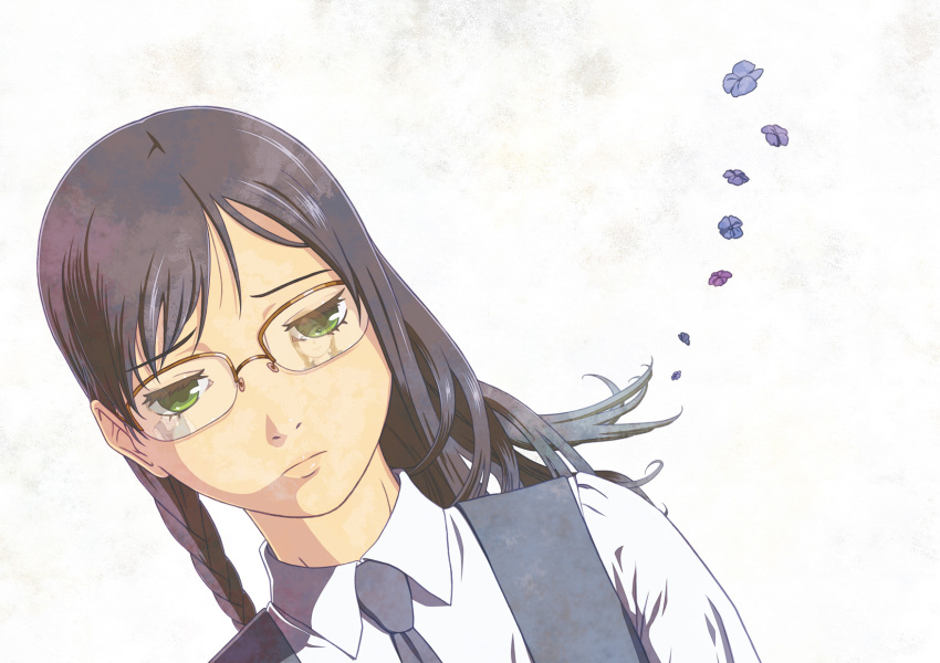 00s, 1girl, aoi_hana, asymmetrical_hair, black_hair, braid, different_reflection, dutch_angle