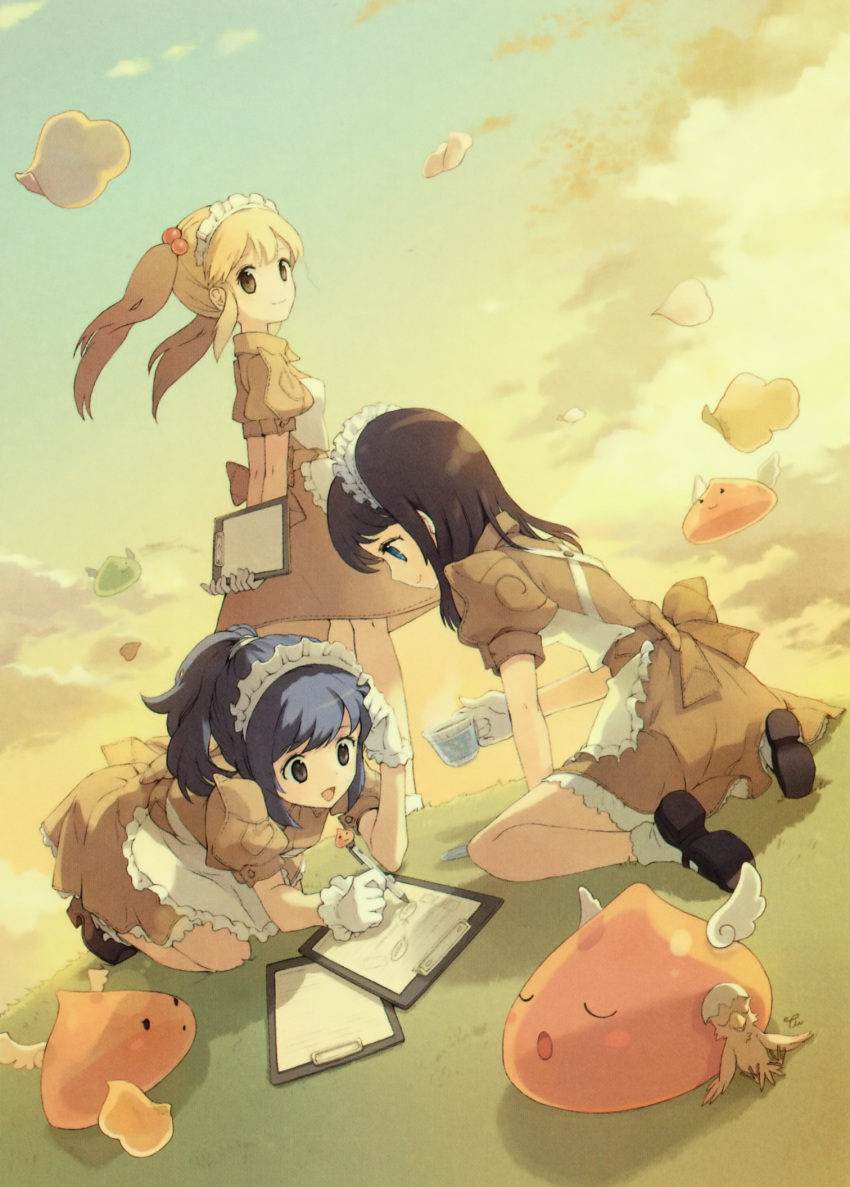 3girls, :3, angel_wings, angeling, apron, arms_behind_back, baby_animal, bird