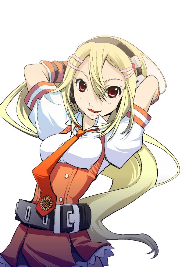 1girl, blonde_hair, breasts, dorothy_(oz), female_focus, fingerless_gloves, gloves, grin