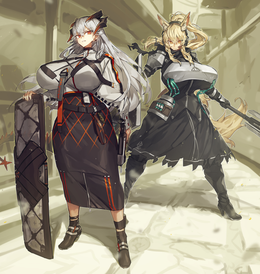 2girls, alternate_breast_size, animal_ears, arknights, armor, black_footwear, black_shirt, black_skirt, blonde_hair, boots, breastplate, breasts, clenched_teeth, closed_mouth, commentary, day, dragon_horns, dragon_tail, ear_piercing, earpiece, feathers, fighting_stance, full_body, grey_shirt, gun, hair_between_eyes, headphones, high_heel_boots, high_heels, highres, holding, holding_gun, holding_shield, holding_weapon, horns, horse_ears, huge_breasts, long_hair, long_skirt, looking_at_viewer, looking_to_the_side, mace, melon22, multiple_girls, nearl_(arknights), orange_eyes, outdoors, piercing, ponytail, saria_(arknights), shield, shirt, shoulder_armor, shrug_(clothing), silver_hair, skirt, standing, strap, syringe_gun, tail, teeth, torn_clothes, torn_skirt, weapon