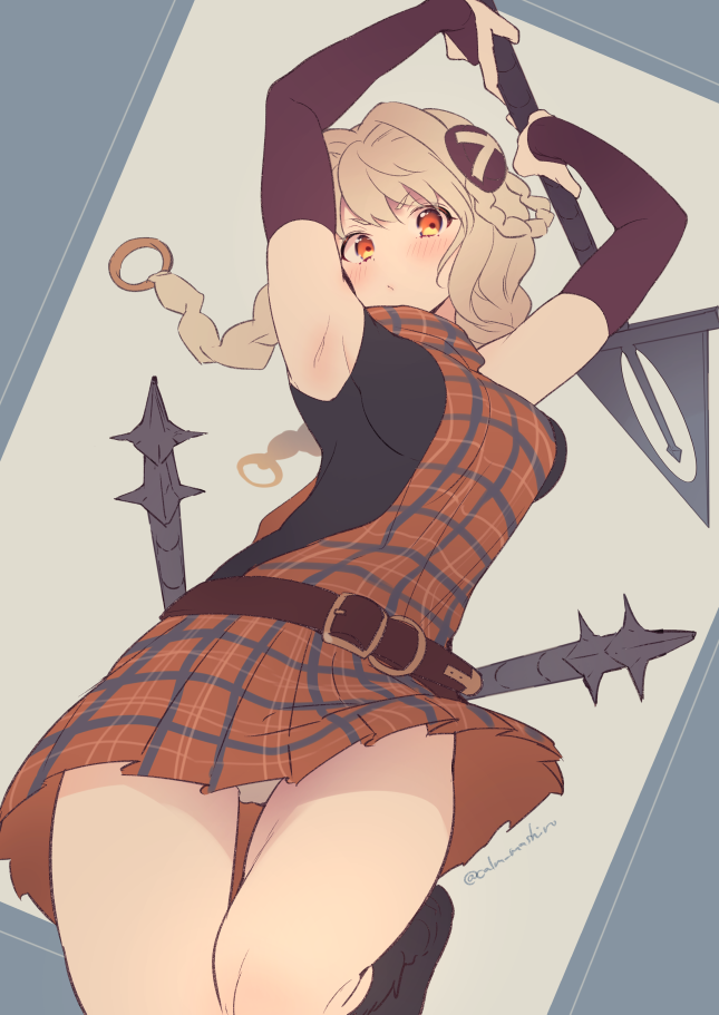 1girl, armpits, belt, blush, braid, breasts, bridal_gauntlets, calm_mashiro, cowboy_shot, etrian_odyssey, highlander_(sekaiju_2), holding, holding_spear, holding_weapon, long_hair, looking_at_viewer, medium_breasts, orange_eyes, panties, pantyshot, plaid, polearm, sekaiju_no_meikyuu, shin_sekaiju_no_meikyuu_2, solo, spear, thighs, underwear, weapon, white_hair