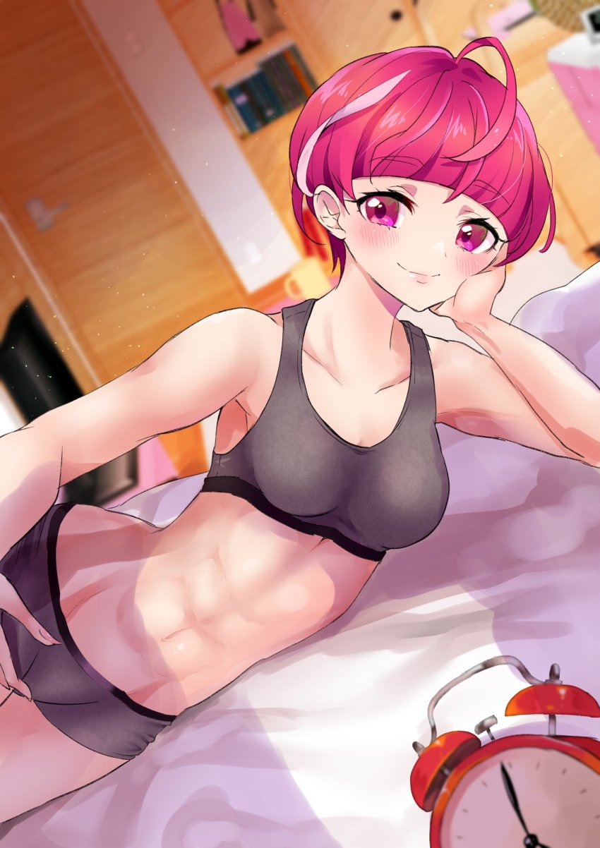1girl, abs, aged_up, ahoge, alarm_clock, analog_clock, armpits, bad_id, bad_twitter_id, bare_legs, bare_shoulders, bed_sheet, biceps, black_sports_bra, blunt_bangs, blurry, blurry_background, blush, book, bookshelf, boyshort_panties, bra, breasts, clock, collarbone, commentary, cowboy_shot, door, dutch_angle, elbow_rest, highres, hoshina_hikaru, indoors, lips, looking_at_viewer, lying, medium_breasts, midriff, mikorin, multicolored_hair, muscular, muscular_female, nail_polish, navel, on_bed, on_side, pink_eyes, pink_hair, precure, short_hair, smile, sports_bra, star_twinkle_precure, stomach, streaked_hair, television, toned, underwear, underwear_only