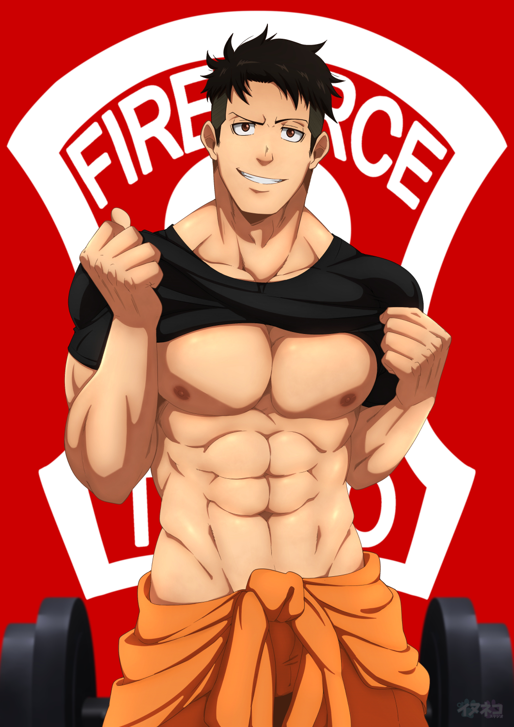 1boy, abs, akitaru_oubi, bara, bare_pectorals, black_hair, black_shirt, brown_eyes