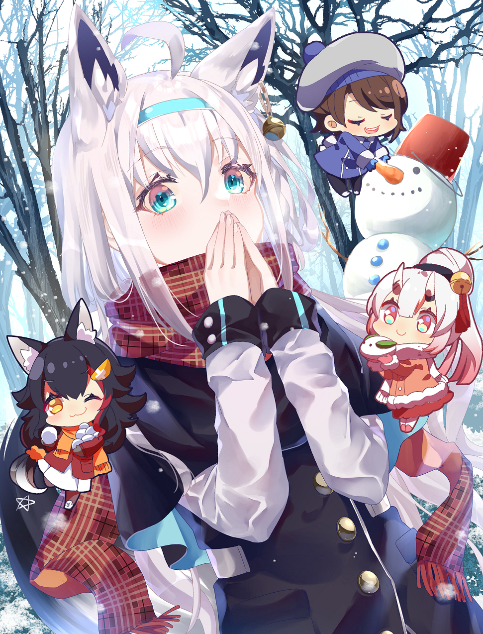 4girls, :3, ahoge, animal_ear_fluff, animal_ears, bad_id, bad_pixiv_id, bare_tree