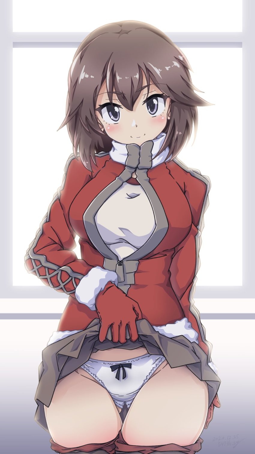 1girl, 547th_sy, alternate_costume, blush, breasts, brown_hair, christmas, clothes_lift