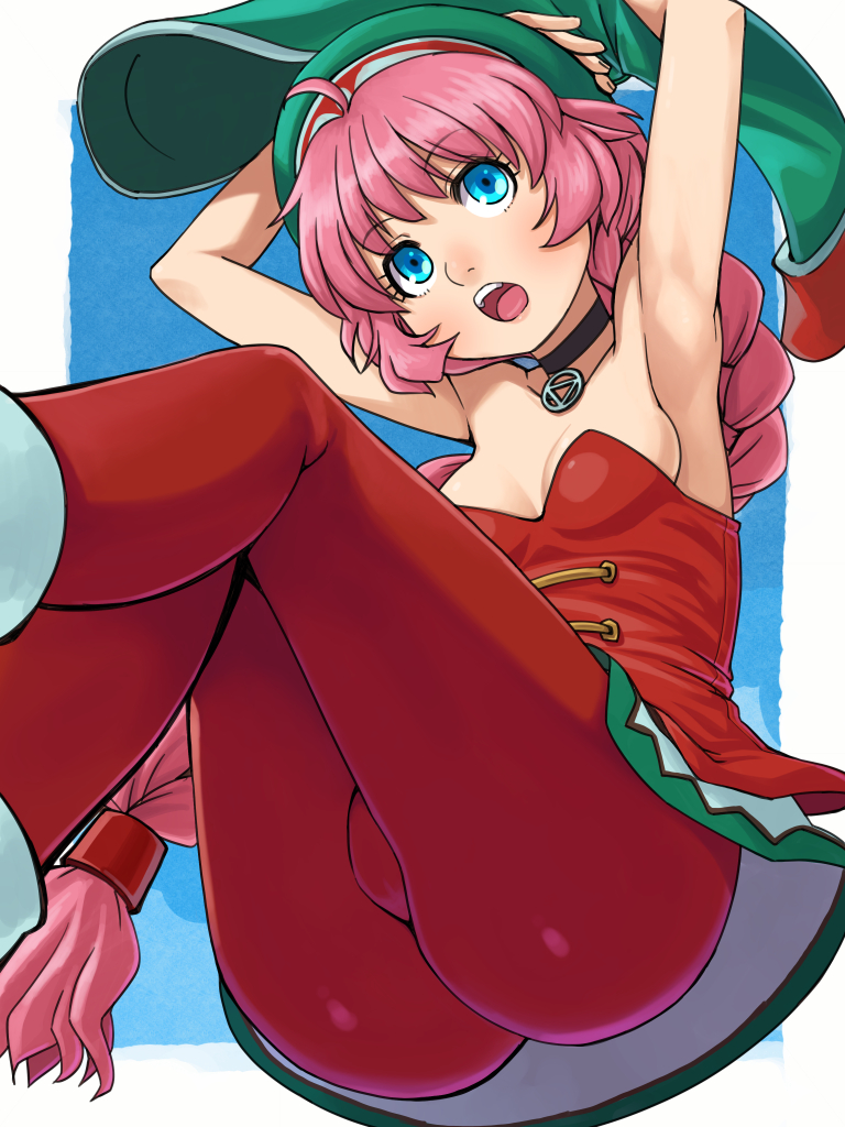 1girl, arms_behind_head, arms_up, blue_eyes, braid, breasts, choker, dress, female_focus, hat, jewelry, long_braid, long_hair, open_mouth, pantyhose, pendant, pink_hair, psychic_force, red_pantyhose, single_braid, solo, strapless, stupa13a, taito, wendy_ryan