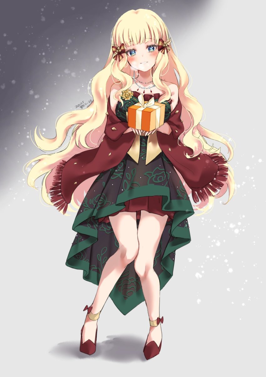 1girl, blonde_hair, blue_eyes, blush, bow, breasts, christmas, hair_bow