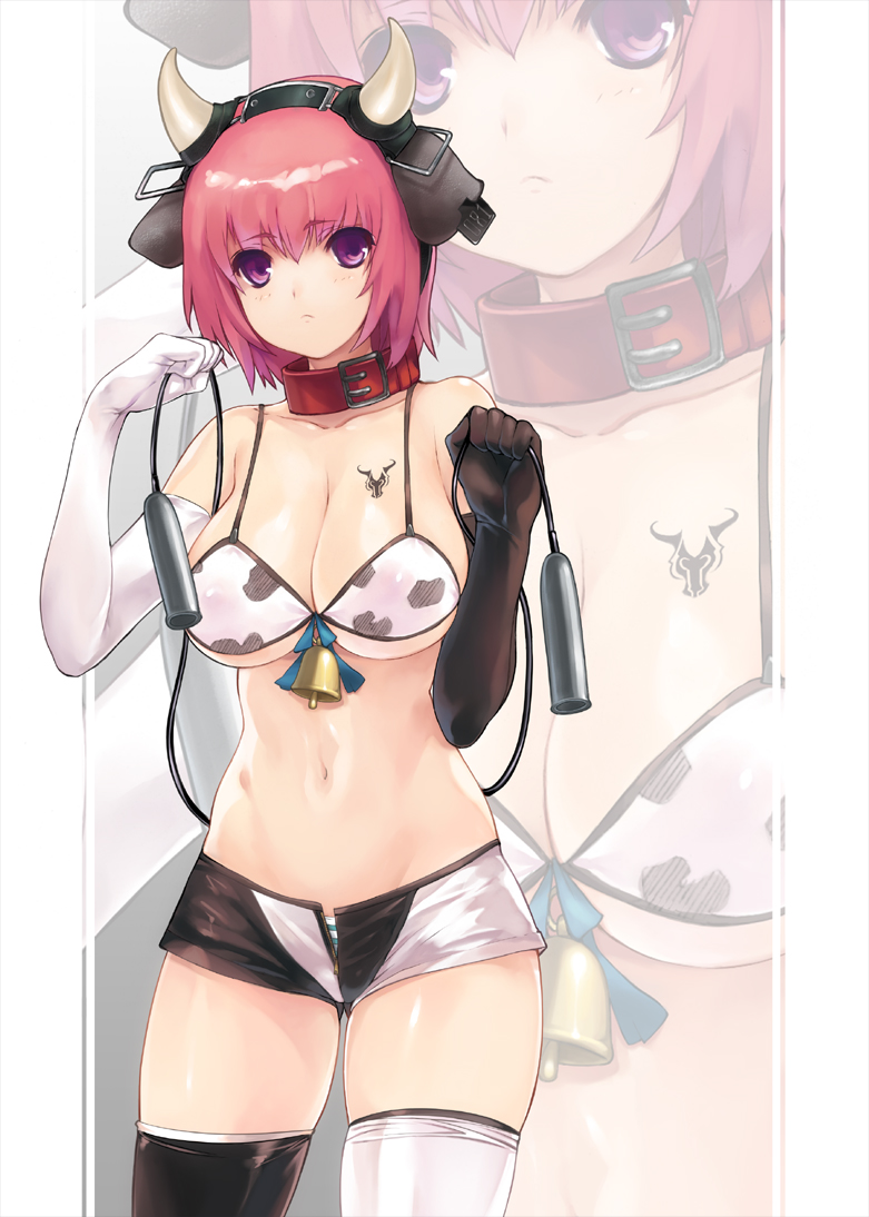 1girl, animal_ears, animal_print, bell, bikini, bikini_top_only, breasts, cleavage, collar, cow_print, elbow_gloves, female_focus, gloves, horns, large_breasts, midriff, milking_machine, monk_(syugyousou), navel, original, panties, pink_hair, purple_eyes, short_hair, short_shorts, shorts, solo, striped_clothes, striped_panties, swimsuit, tattoo, thighhighs, thighs, underboob, underwear, unzipped, white_bikini, women_livestock, zoom_layer