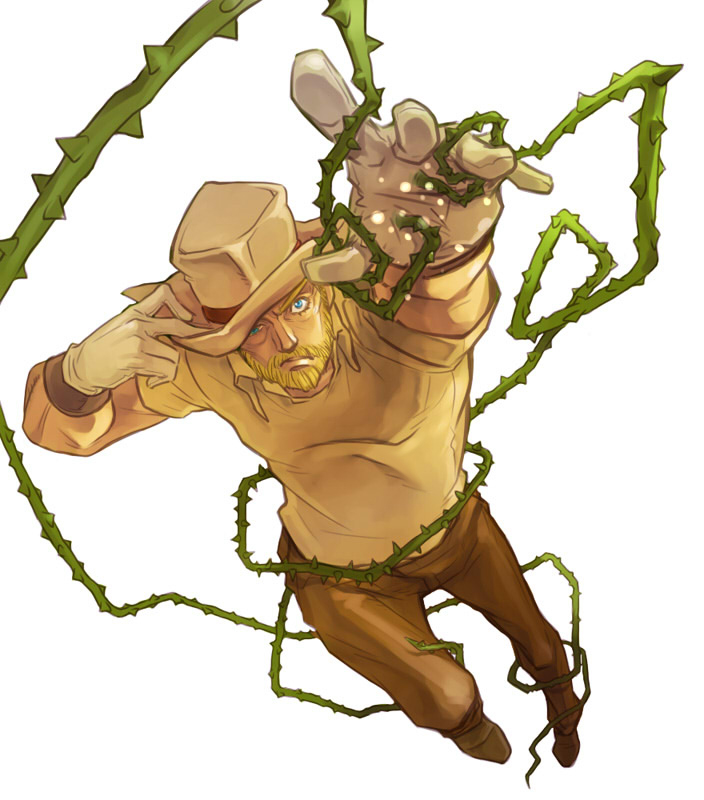 1boy, beard, blonde_hair, blue_eyes, boots, facial_hair, gloves, hand_on_headwear, hat, hermit_purple, jojo_no_kimyou_na_bouken, joseph_joestar, joseph_joestar_(old), male_focus, plant, raizou, shirt, solo, stand_(jojo), stardust_crusaders, t-shirt, thorns, vines