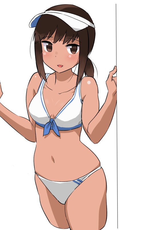 1girl, alternate_costume, bikini, black_eyes, black_hair, blush, breasts, collarbone