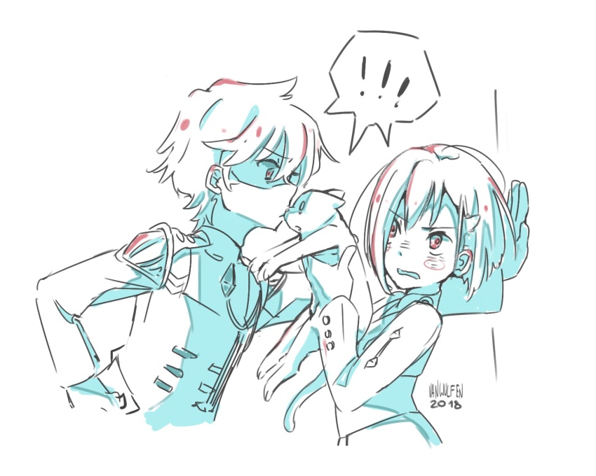 !, !!, 1boy, 1girl, angry, animal, artist_name, blocking