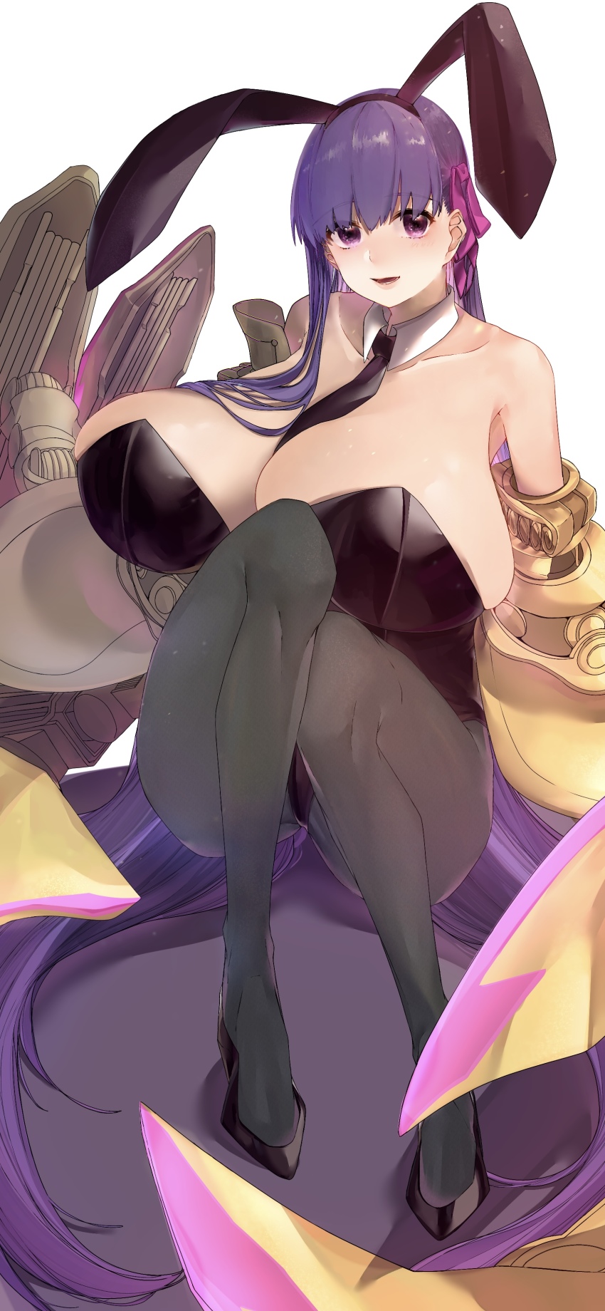1girl, absurdly_long_hair, absurdres, anmochi_mochi, bare_shoulders, breasts, cleavage, collarbone, commentary_request, fate/extra, fate/extra_ccc, fate/grand_order, fate_(series), high_heels, highres, huge_breasts, long_hair, looking_at_viewer, pantyhose, parted_lips, passionlip_(fate), playboy_bunny, purple_eyes, purple_hair, simple_background, smile, solo, very_long_hair, white_background