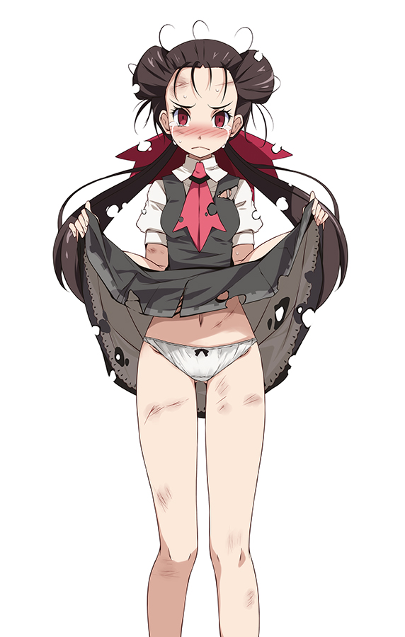 1girl, bare_legs, black_bow, blush, bow, bow_panties, breasts, bruise, clothes_lift, collar, crying, crying_with_eyes_open, cuts, dress, dress_lift, feet_out_of_frame, female_focus, frown, gluteal_fold, grey_dress, hair_ribbon, injury, looking_at_viewer, messy_hair, navel, necktie, nintendo, panties, pink_necktie, pokemon, pokemon_omega_ruby_and_alpha_sapphire, red_eyes, red_ribbon, ribbon, roxanne_(pokemon), sad, short_sleeves, simple_background, small_breasts, solo, tears, torn_clothes, torn_dress, torn_necktie, tsukishiro_saika, twintails, underwear, white_background, white_collar, white_panties