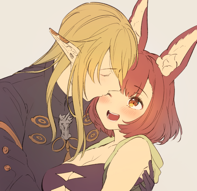 1boy, 1girl, ;d, animal_ear_fluff, animal_ears, black_gloves, blonde_hair, blush