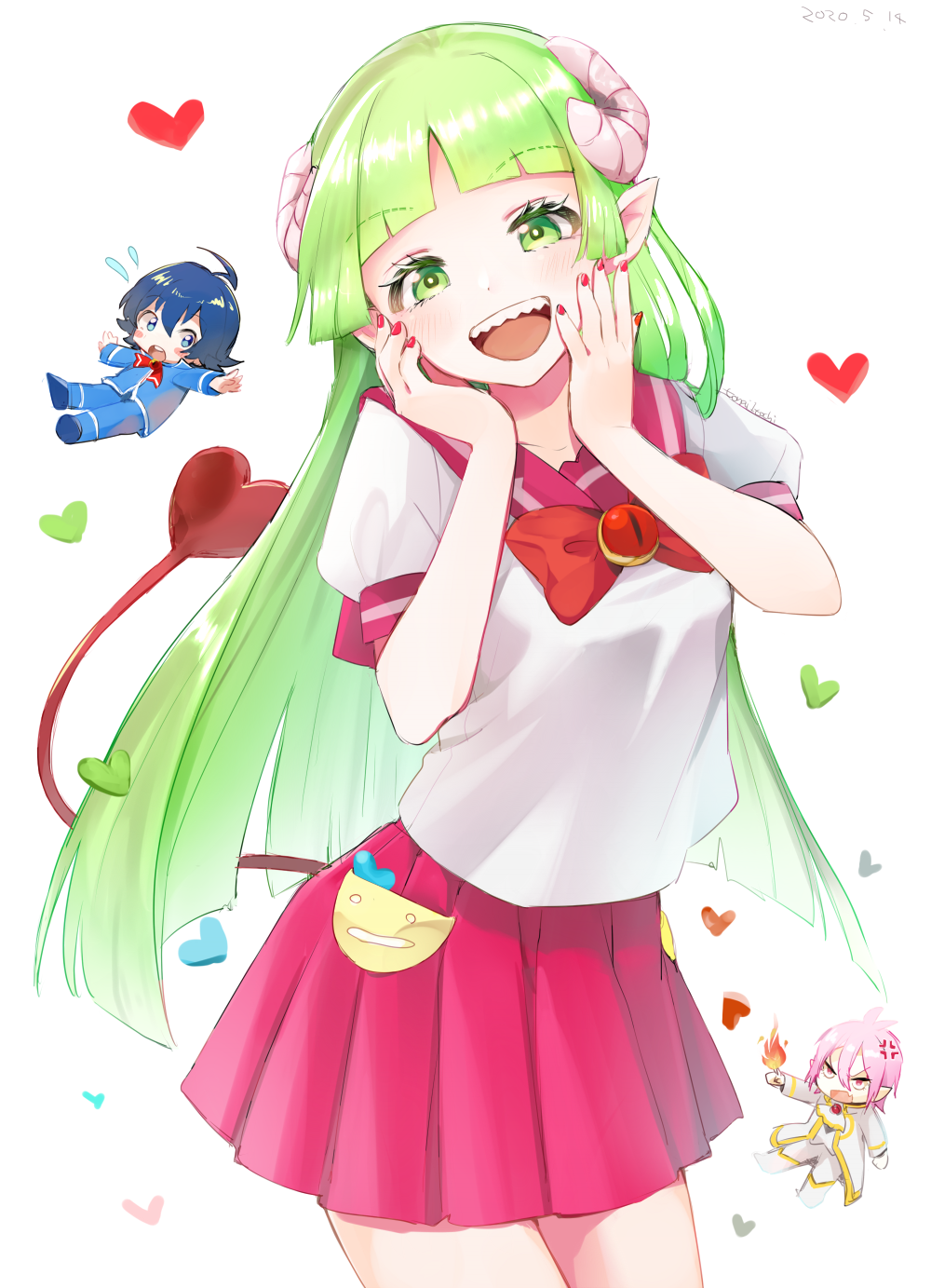 1girl, 2boys, :d, ahoge, anger_vein, asmodeus_alice, blue_eyes, blue_hair