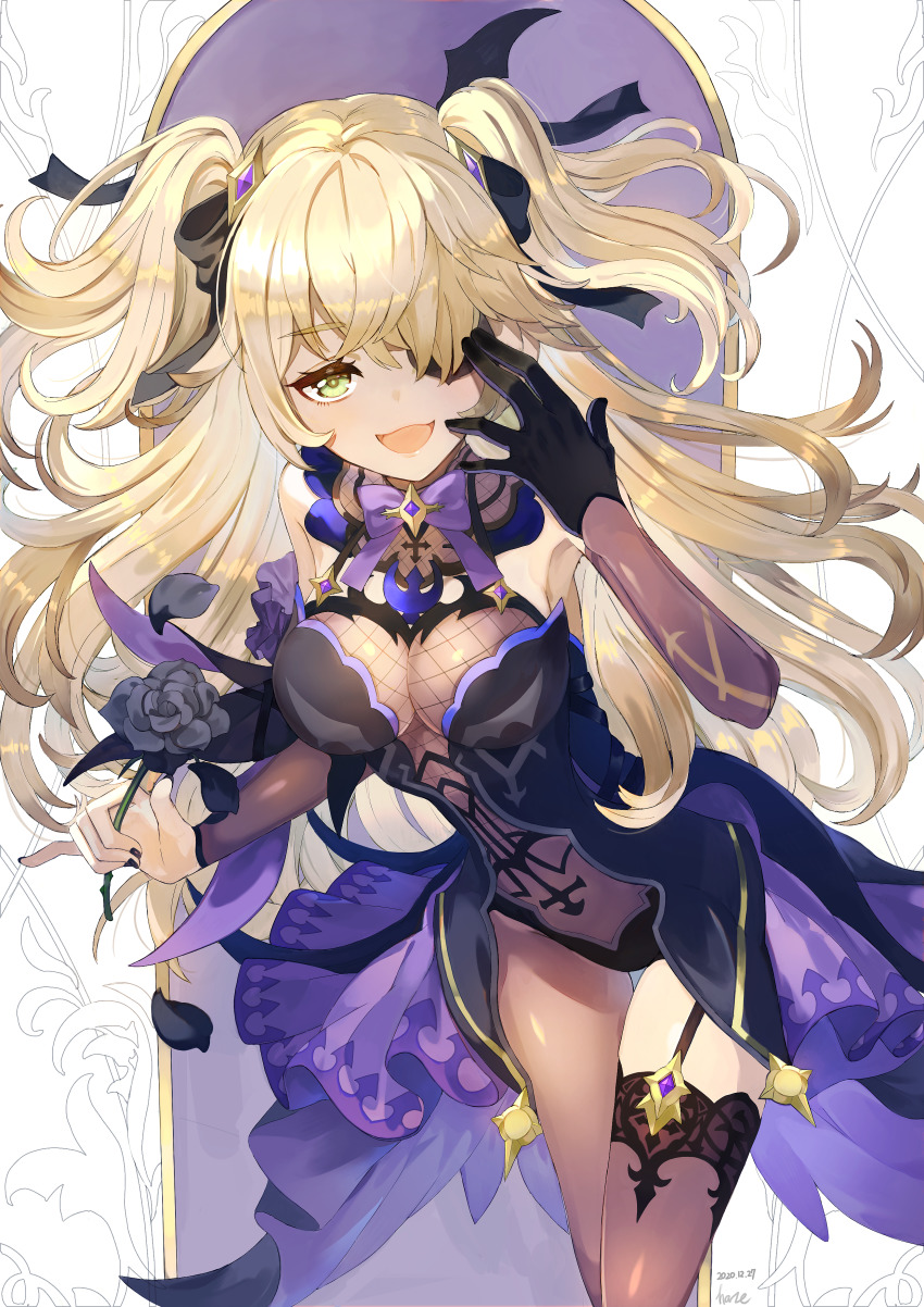 1girl, absurdres, asymmetrical_legwear, black_flower, black_gloves, black_ribbon, black_rose, blonde_hair