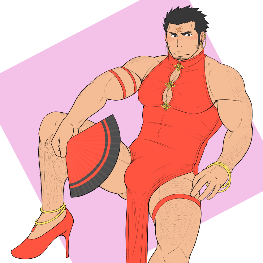 1boy, alternate_costume, anklet, arm_hair, bara, bare_shoulders, black_hair, blush