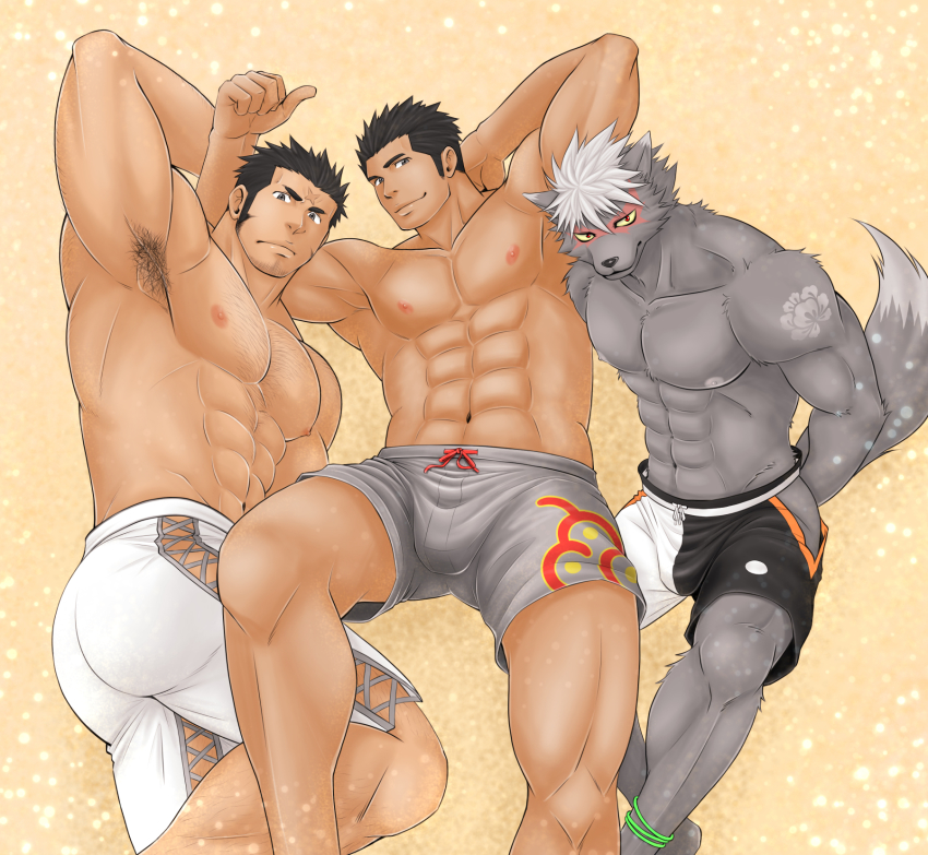 3boys, abs, animal_ears, arm_up, armpit_hair, armpits, ass, bara, bare_pectorals, black_male_swimwear, black_swim_trunks, body_hair, boy_sandwich, bulge, character_request, chest_hair, clothing_cutout, cross_scar, dark-skinned_male, dark_skin, drawstring, facial_hair, feet_out_of_frame, furry, furry_male, grey_male_swimwear, grey_shorts, grey_swim_trunks, hairy, highres, houzouin_oniwaka, large_pectorals, long_sideburns, looking_at_viewer, male_focus, male_swimwear, multicolored_male_swimwear, multicolored_swim_trunks, multicolored_swimsuit, multiple_boys, muscular, muscular_male, navel, nipples, pectorals, porkjinta, print_male_swimwear, print_swim_trunks, print_swimsuit, protagonist_3_(housamo), sandwiched, scar, scar_on_face, scar_on_forehead, short_hair, shorts, side_cutout, side_slit, side_slit_shorts, sideburns, simple_background, smile, stomach, stubble, swim_trunks, swimsuit, tail, thick_thighs, thighs, thumbs_up, tokyo_houkago_summoners, topless_male, white_male_swimwear, white_shorts, white_swim_trunks, wolf_boy, wolf_ears, wolf_tail