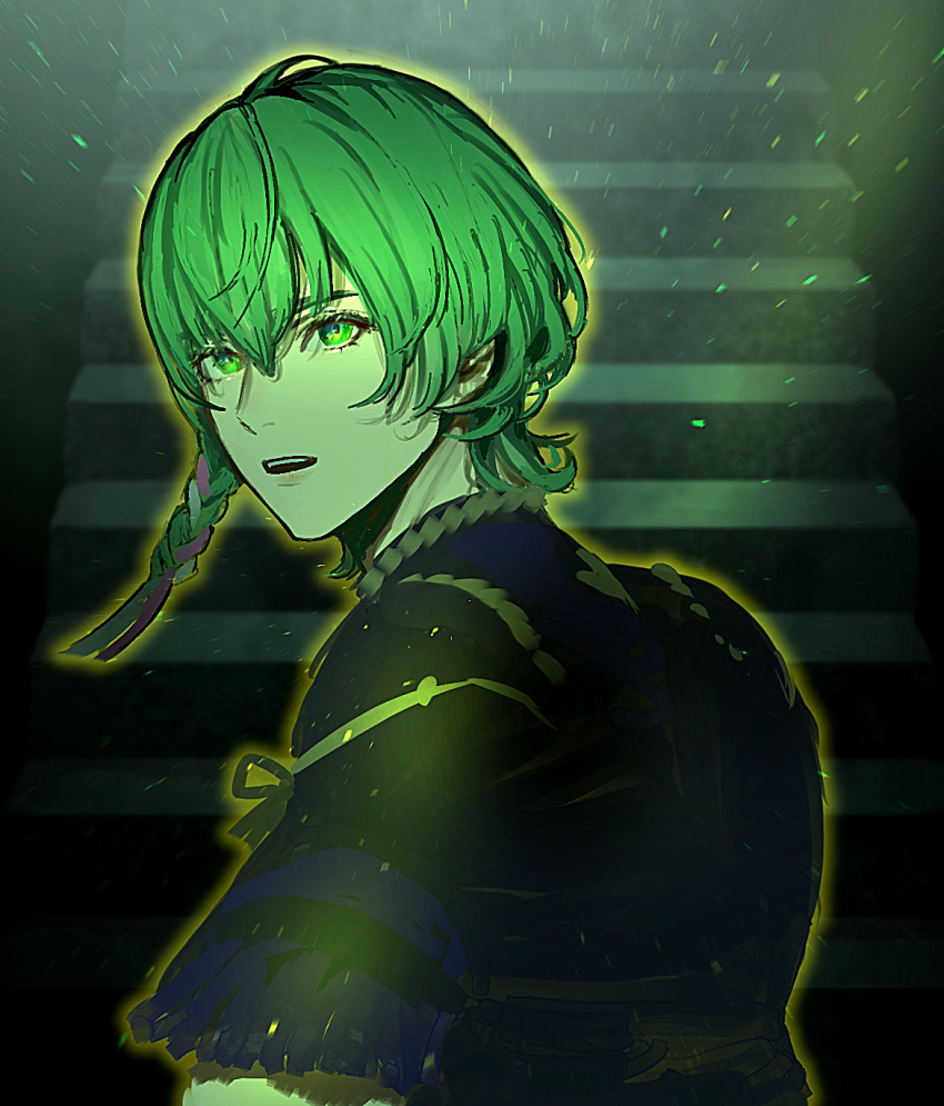 1boy, braid, male_byleth_(fire_emblem), cosplay, fire_emblem, fire_emblem:_three_houses, from_behind, glowing