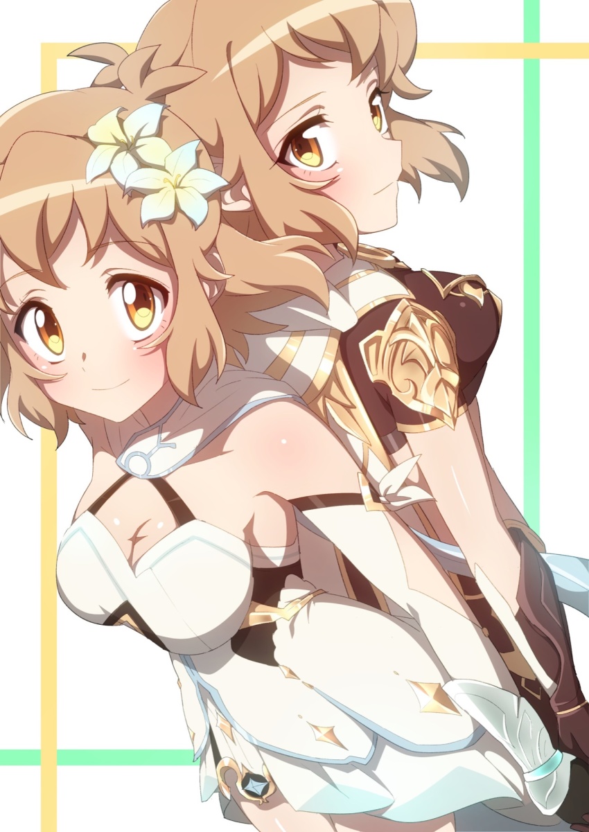 2girls, aether_(genshin_impact), aether_(genshin_impact)_(cosplay), blonde_hair, blush, breasts, brown_eyes, cleavage